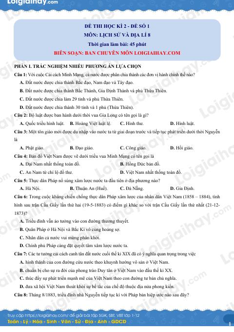 Đề thi học kì 2 Lịch sử và Địa lí 8 - Đề số 1